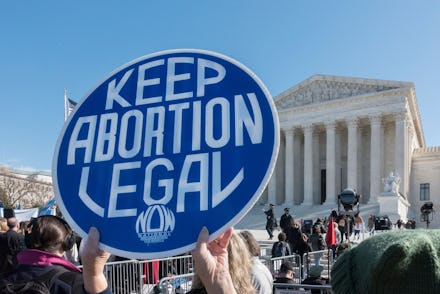 Demonstrators rally in front of the U.S. Supreme Court in support of abortion rights as the court he...