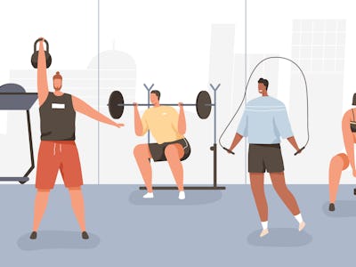 Different cartoon people exercising at modern gym vector flat illustration. Athletic man and woman o...