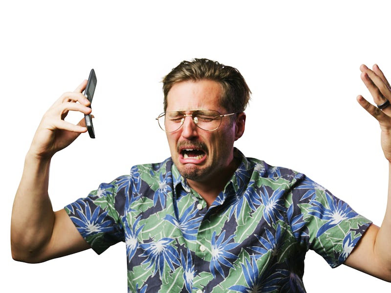 funny retro man with mustache and glasses on flip phone sad