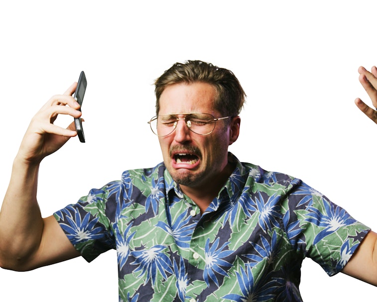 funny retro man with mustache and glasses on flip phone sad