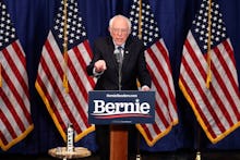 Democratic presidential candidate, Sen. Bernie Sanders, I-Vt., speaks to reporters, in Burlington, V...