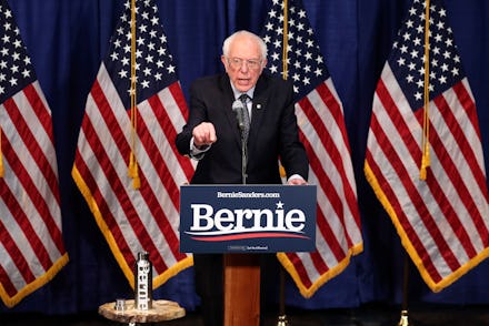 Democratic presidential candidate, Sen. Bernie Sanders, I-Vt., speaks to reporters, in Burlington, V...