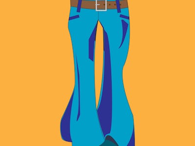 Trousers flared. 1970s fashion. Blue jeans on a brown background. Vector illustration.