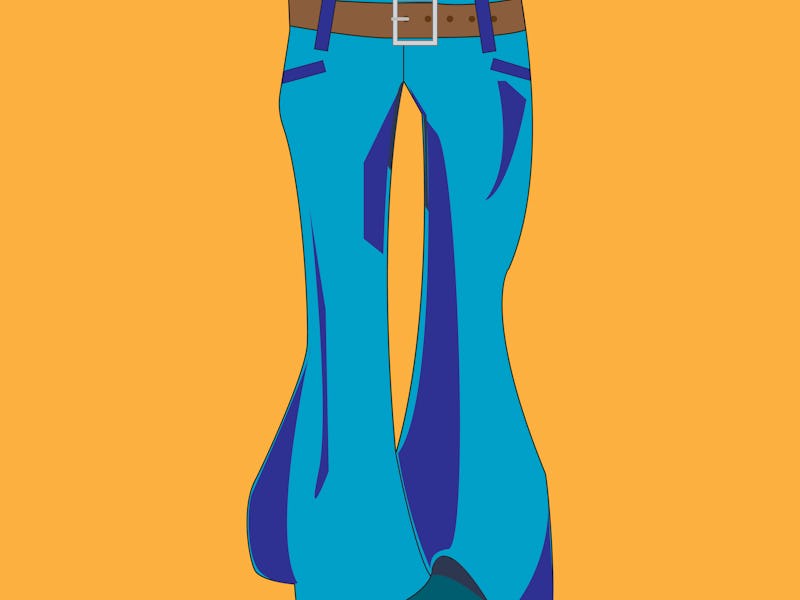 Trousers flared. 1970s fashion. Blue jeans on a brown background. Vector illustration.