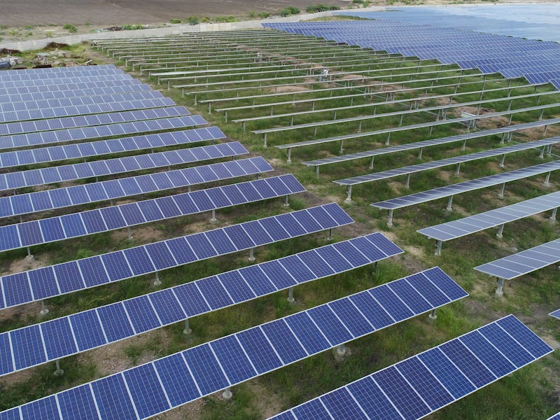 Aerial View of solar farm or solar power plant near Raichur, India