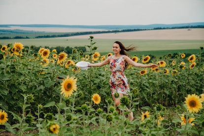 The girl runs into a field of sunflowers in a summer dress hands to the sides of the face in the fra...