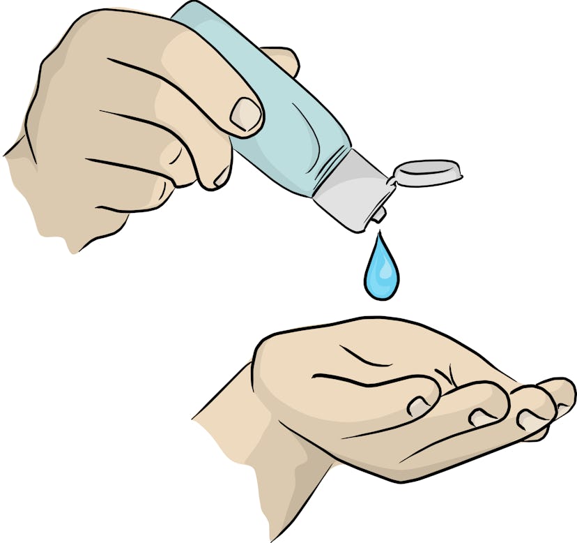 hands using hand sanitizer gel pump dispenser to protect Covid-19 virus or coronavirus vector illust...