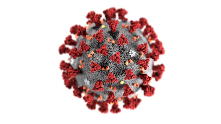 Isolated coronavirus bacteria 3D illustration with red shapes on a gray sphere shape in front of whi...