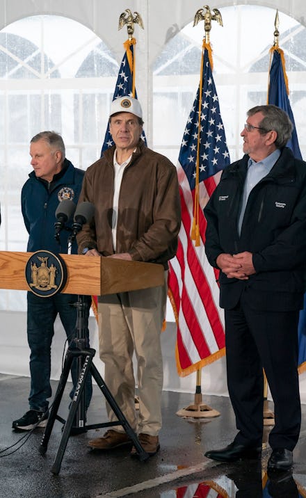 Governor Andrew Cuomo speaks to the media and tours newly opened drive through COVID-19 mobile testi...