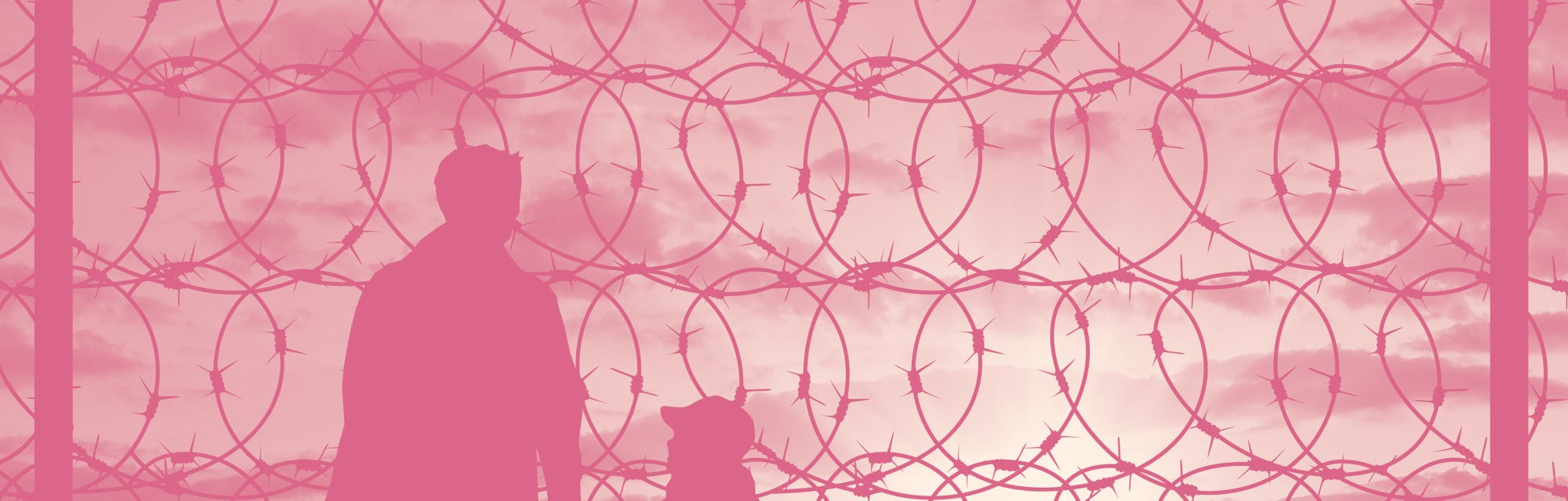 Concept of refugee. Silhouette of a family with a child refugee father near the fence with barbed wi...