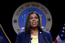 New York State Attorney General Letitia James speaks during a news conference at her office in New Y...