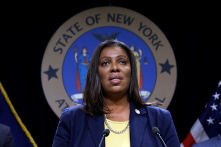 New York State Attorney General Letitia James speaks during a news conference at her office in New Y...