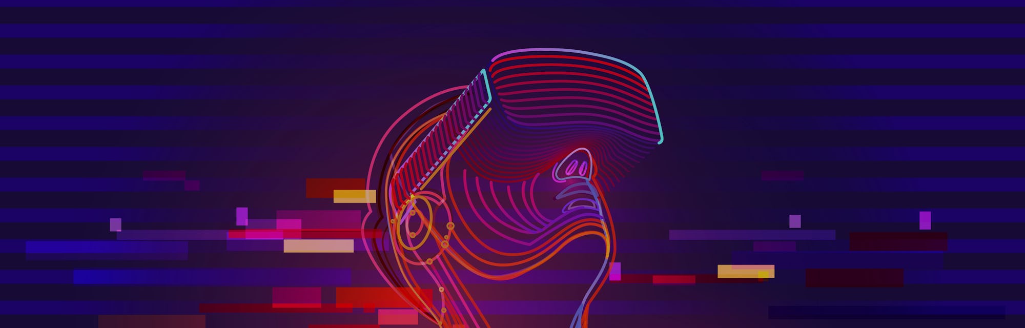 Digital glitch effect in abstract virtual reality. Man wearing vr glasses. Vector illustration