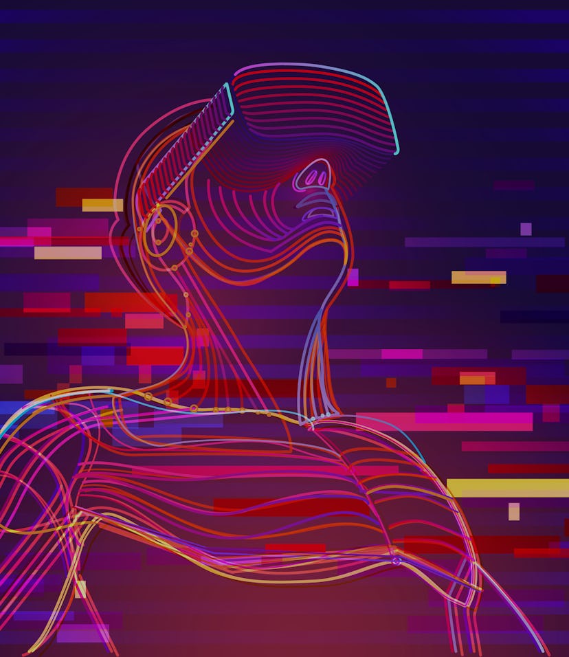 Digital glitch effect in abstract virtual reality. Man wearing vr glasses. Vector illustration