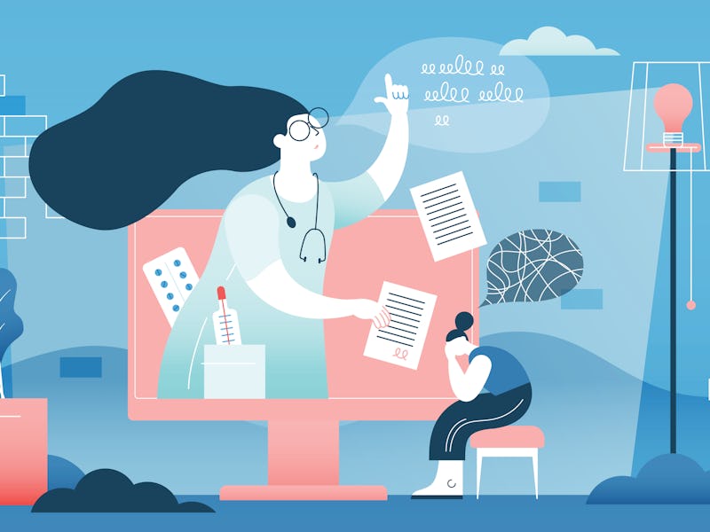 Online doctor vector illustration. Flat tiny medical help persons concept. Distance internet emergen...