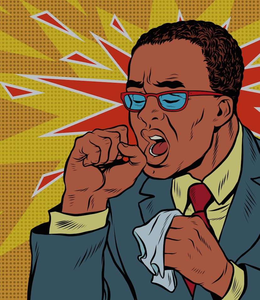 Sick man coughing. Pop art retro vector illustration. medicine and health care. The symptoms of the ...