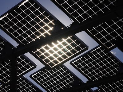 Solar panels on supported structure backlit by the sun