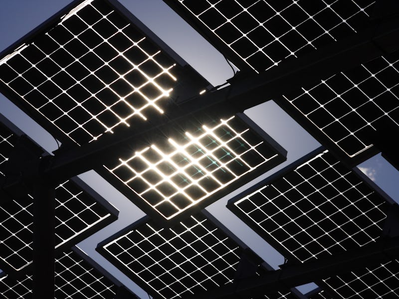 Solar panels on supported structure backlit by the sun