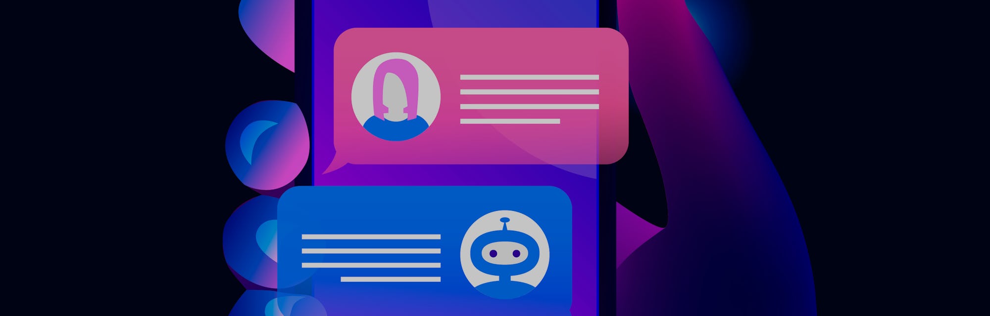 Chatbot concept. Hand holds a smartphone on the screen of which woman chatting with chat bot. Trendy...