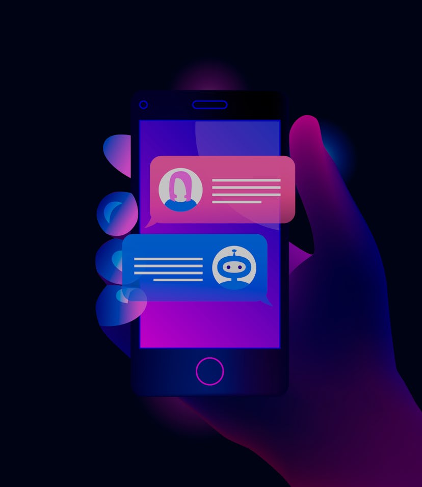 Chatbot concept. Hand holds a smartphone on the screen of which woman chatting with chat bot. Trendy...