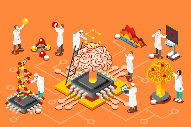 Brain with chip, artificial intelligence and human science research. Isometric images can use for we...