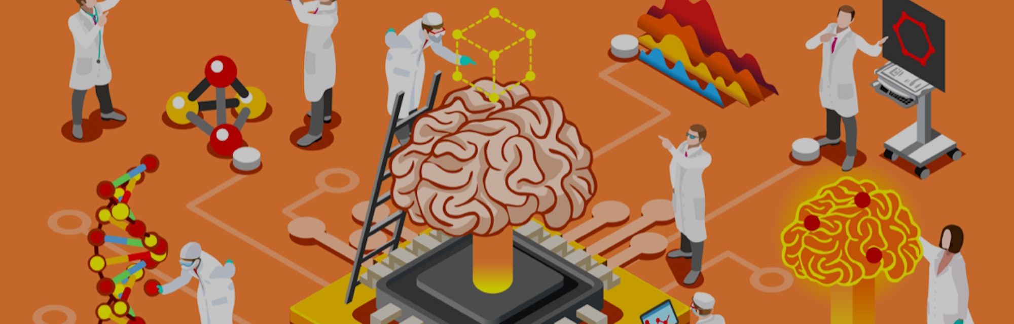 Brain with chip, artificial intelligence and human science research. Isometric images can use for we...