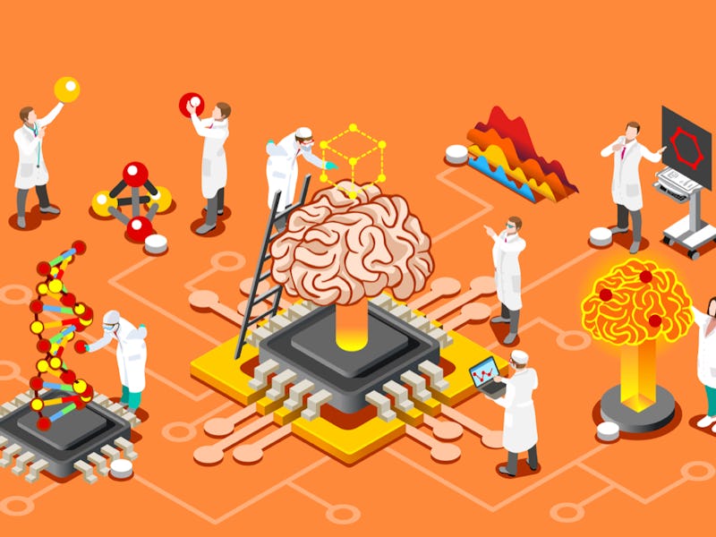 Brain with chip, artificial intelligence and human science research. Isometric images can use for we...