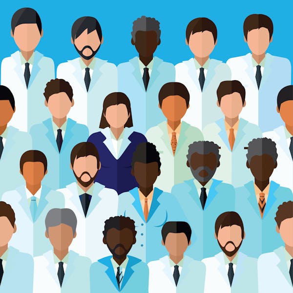 Vector illustration or seamless border with the crowd of doctors or scientists, technicians, student...