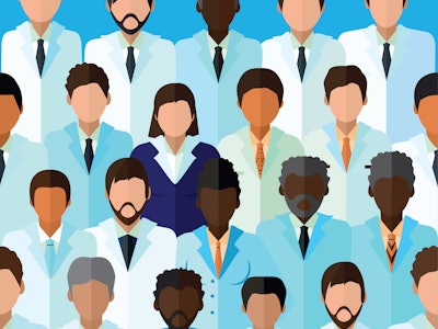 Vector illustration or seamless border with the crowd of doctors or scientists, technicians, student...