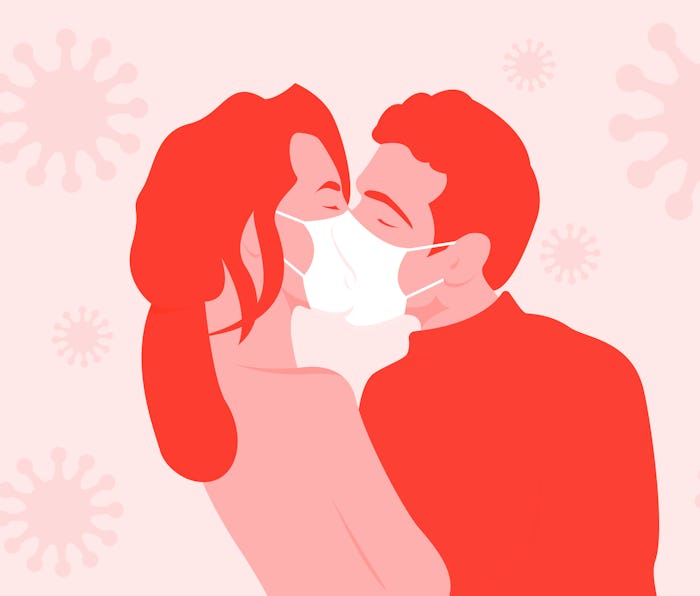 The concept of an epidemic disease. Loving guy and girl kiss through a protective mask. Love through...