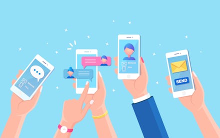 New chat messages notification on mobile phone. Sms bubbles on cellphone screen. People chatting. Ve...