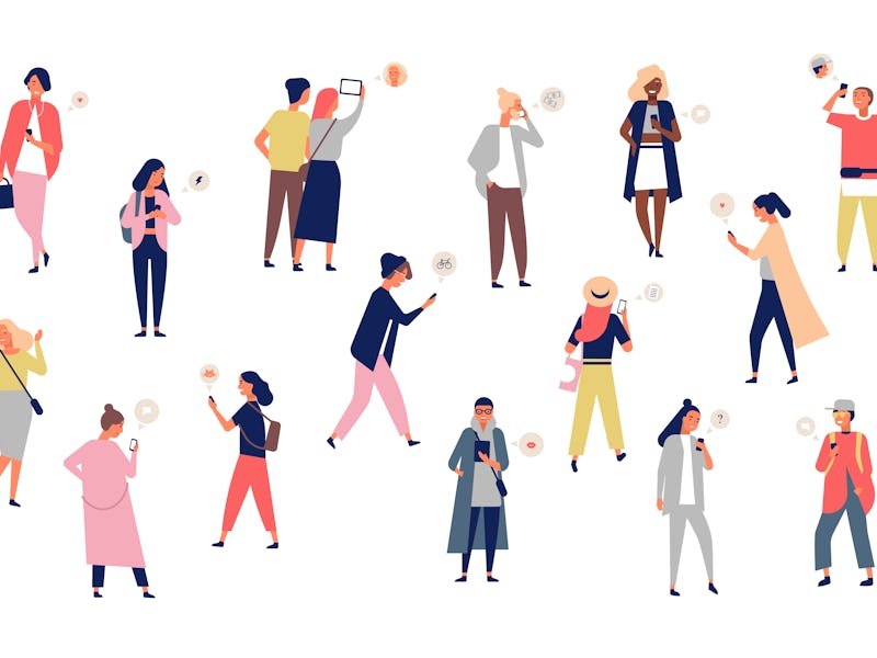 Crowd of young men and women holding smartphones and texting, talking, listening to music, taking se...