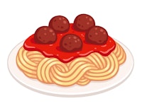 Cartoon plate of spaghetti with meatballs and tomato sauce. Classic pasta dish, isolated vector illu...