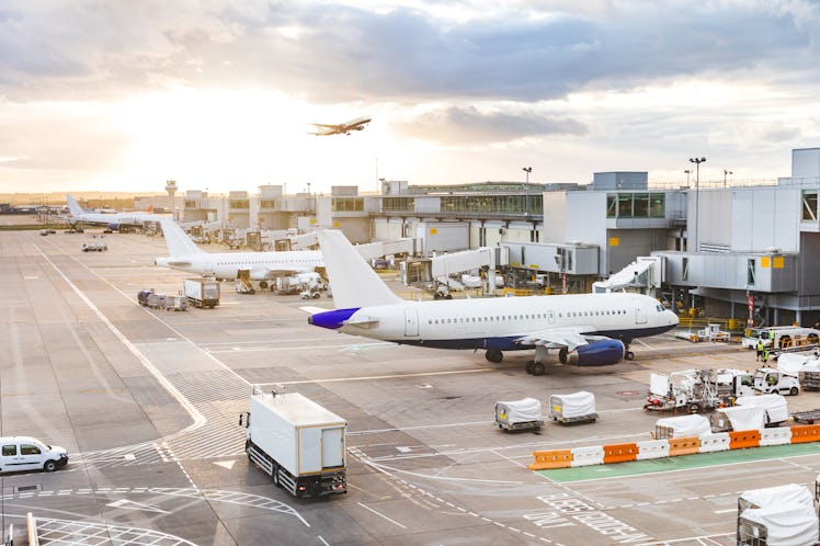 Busy airport view with airplanes and service vehicles at sunset. London airport with aircrafts at ga...