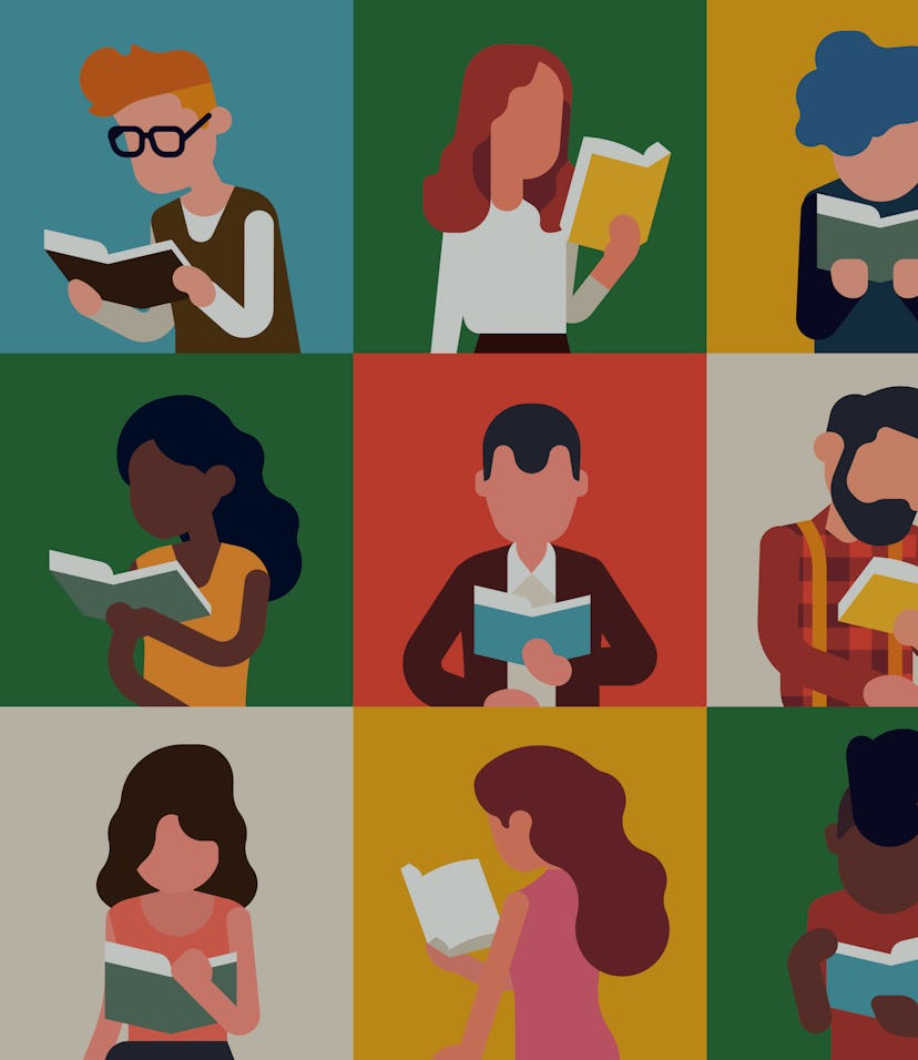 Colourful collage style background on literature, reading and book lovers. Abstract portraits of var...