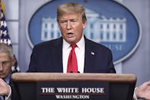 United States President Donald Trump speaks during a press conference with members of the coronaviru...