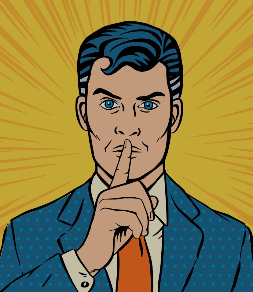 Man putting her forefinger to her lips for quiet silence. Making silence gesture shhh. Pop art comic...