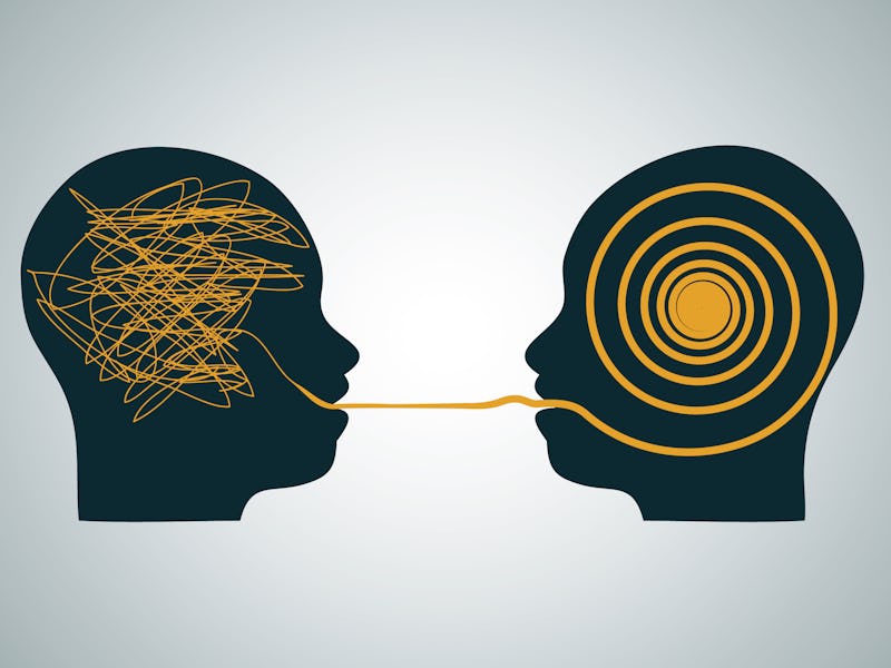 Vector illustration of 2 silhouette profile heads face to face, one with scribbling and second with ...