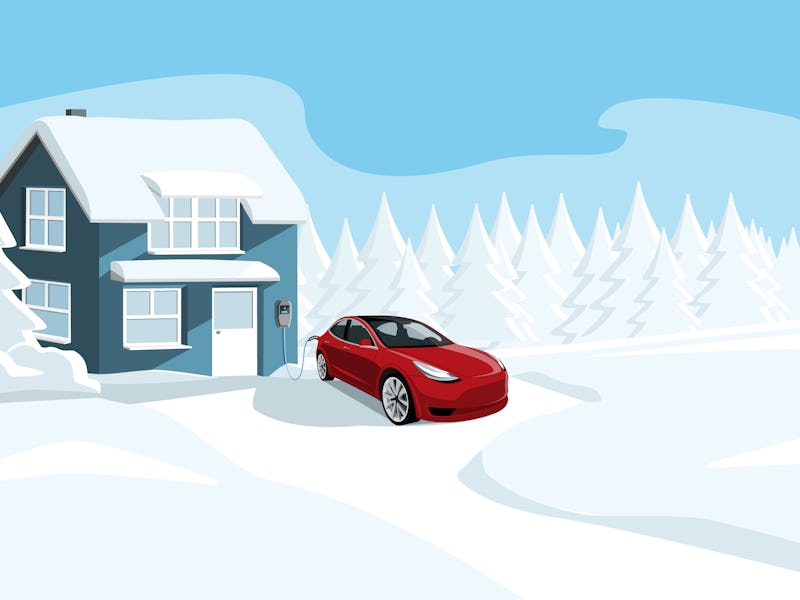 Electric car with a connected charging cable near a winter house. Vector illustration
