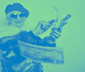 rich elegant woman in fur coat and red cap throwing money, spending money on useless thing, isolated...