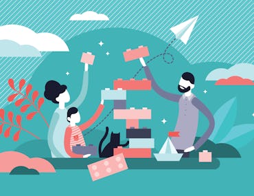 Family play vector illustration. Tiny togetherness activity persons concept. Fun, warm and happy par...