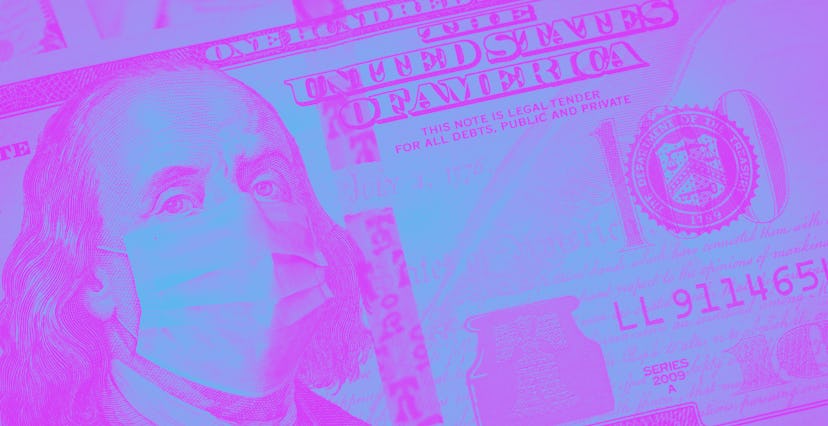 One Hundred Dollar Bill With Medical Face Mask on Benjamin Franklin.