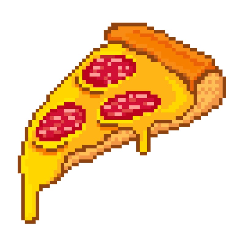 pixel art pizza with cheese and salami on a white background for video games
