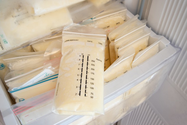 Frozen breast milk in plastic bag on shelf of refrigerator for newborn, what lactation consultants w...