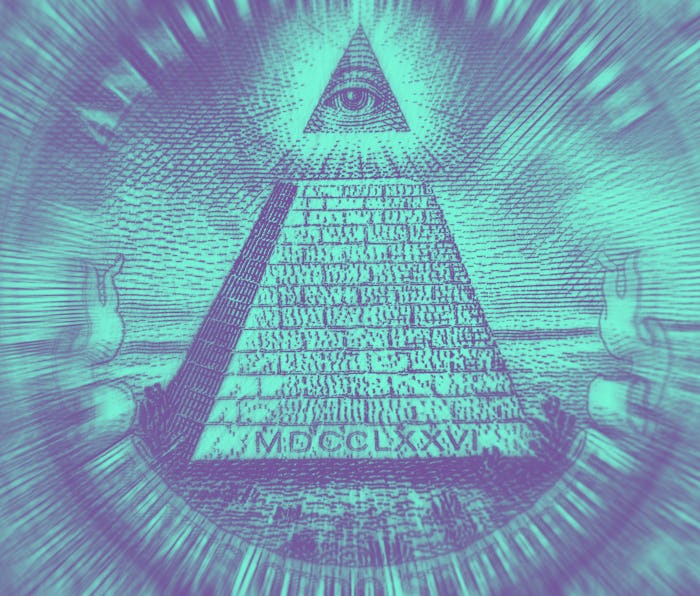 Conspiracy theory concept. All Seeing Eye and Pyramid on USA dollar banknote, macro photo with motio...