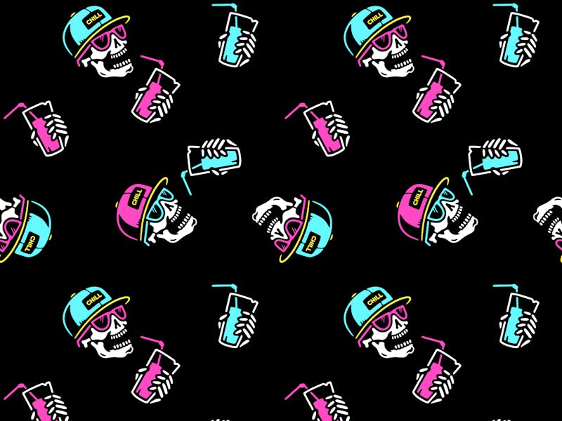 SKULL WITH COCKTAIL AND CAP SEAMLESS PATTERN BLACK BACKGROUND