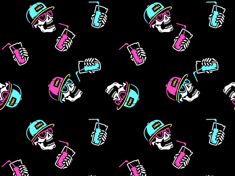 SKULL WITH COCKTAIL AND CAP SEAMLESS PATTERN BLACK BACKGROUND