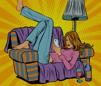 Woman lying on the couch and reading smartphone. Pop art retro vector illustration kitsch vintage