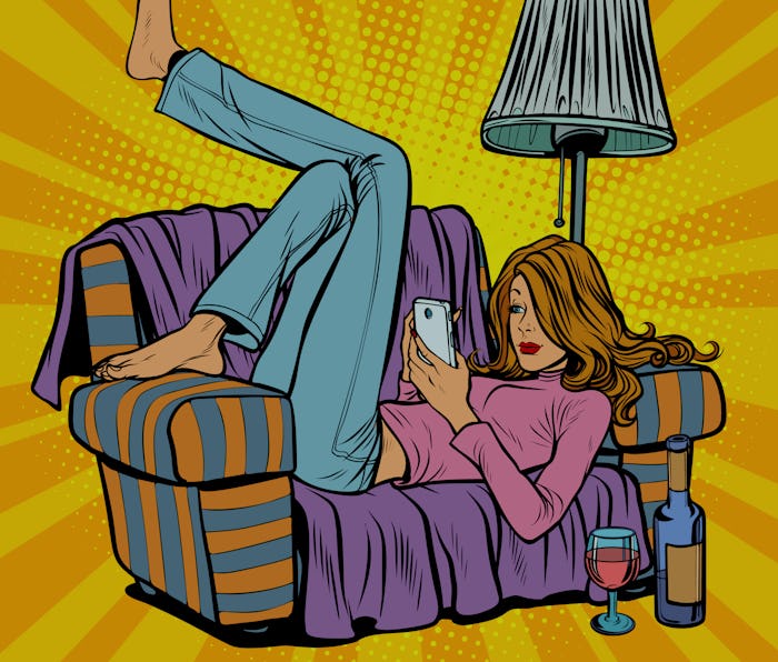 Woman lying on the couch and reading smartphone. Pop art retro vector illustration kitsch vintage