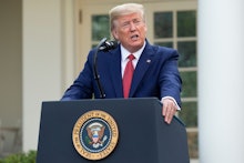 United States President Donald Trump delivers remarks on the coronavirus and COVID-19 pandemic, in t...